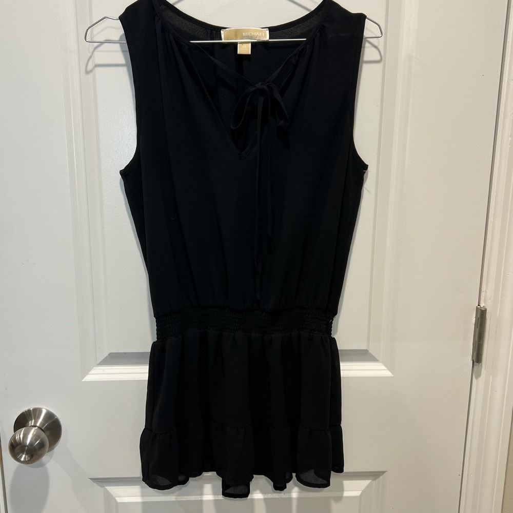 Michael Kors Womens Blouse Smocked Peplum Tie Neck Black XS Flawed